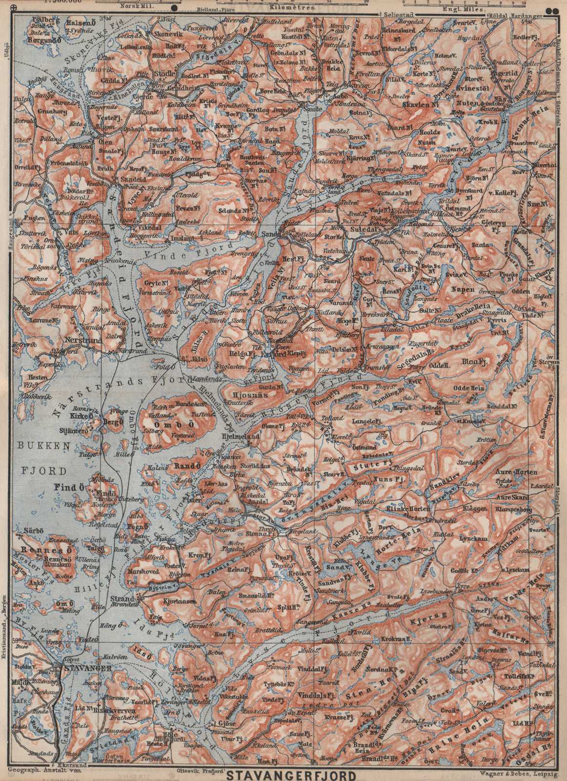 STAVANGER/BOKNA FJORD topo-map. Nedstrand Tau Sauda Etne. Norway kart 1899